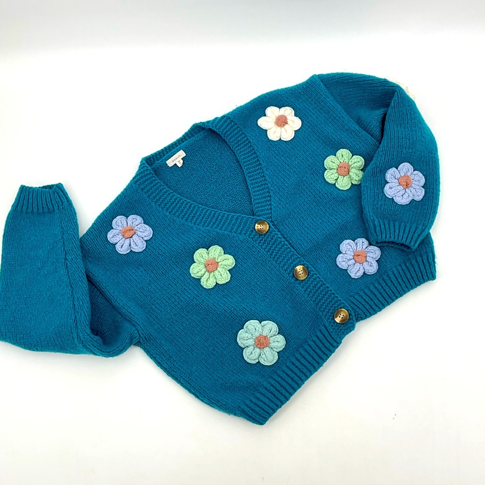 Debut Women’s Teal Knit Chunky Floral Button up Cardigan Size Medium P1